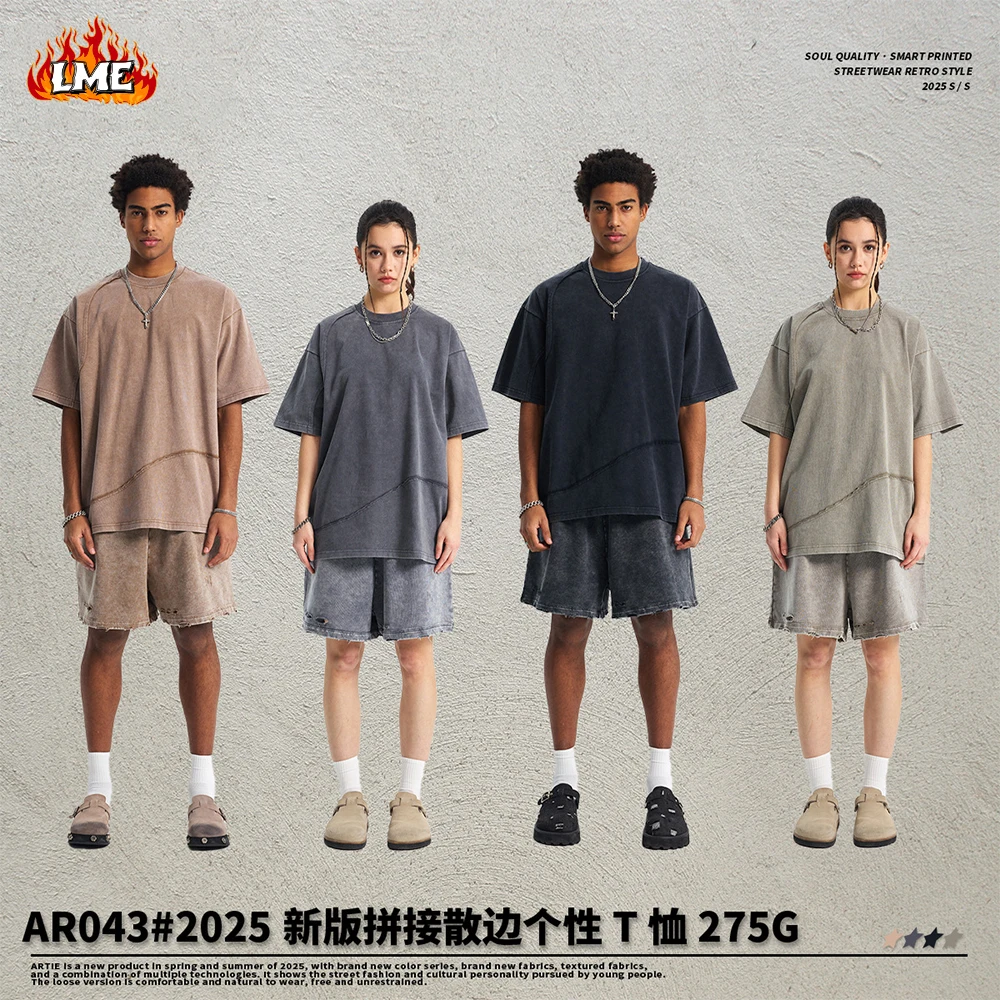 

LME Винтажная мужская рубашка с логотипом в стиле батик Acid Washed, свободная мужская рубашка большого размера с заниженными плечами в стиле ретро с круглым вырезом, хлопковая пустая футболка