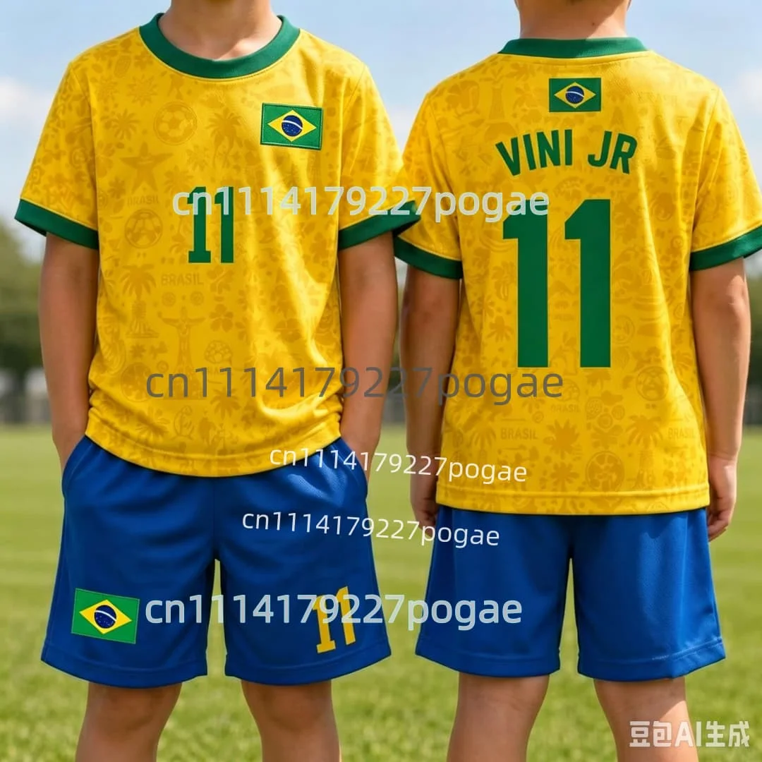 Neymar 10 Brazil Football Jersey Kids Sportswear Set 2026 Soccer Uniform Children Yellow Shirt Blue Shorts Youth Training Kit