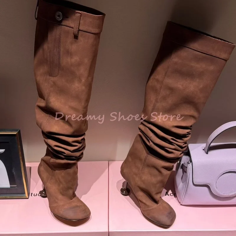 

Brown Suede Button Square Toe Knee High Boots Women Pleated Slip On High Heel Long Boots Fashion Trendy Autumn Winter Footwear