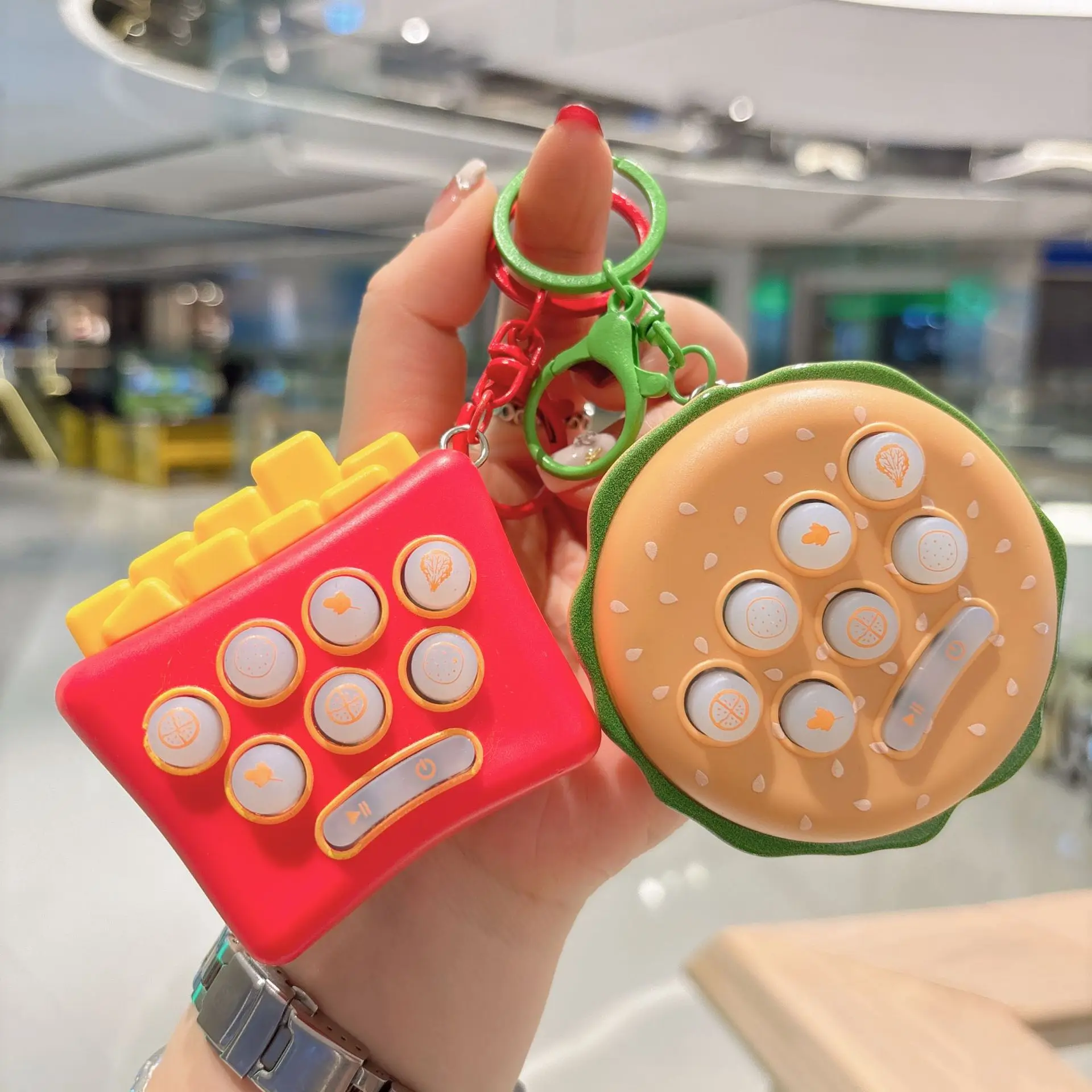 Creative Simulation French Fries  Hamburgers Groundhog Machines Keychains Pendants Children's Educational Game Machines Key Chai