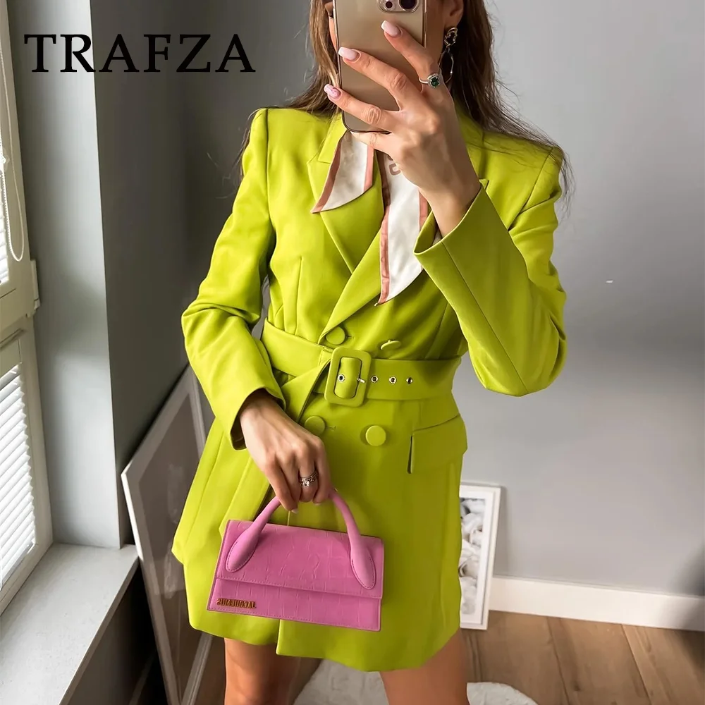 

TRAFZA 2023 Autumn Winter Women Office Lady Belt Blazer Fashion Casual Solid Elegant Double Breasted Loose Long Blazer For Women