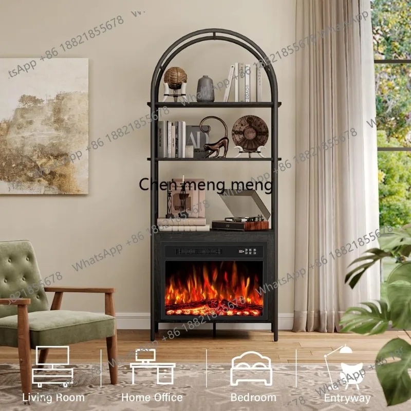 23 Electric Fireplace with Bookshelf, 72 Tall Curved Bookcase, Remote, Timer, Lifelike Flame, Storage for Home or Office, Black