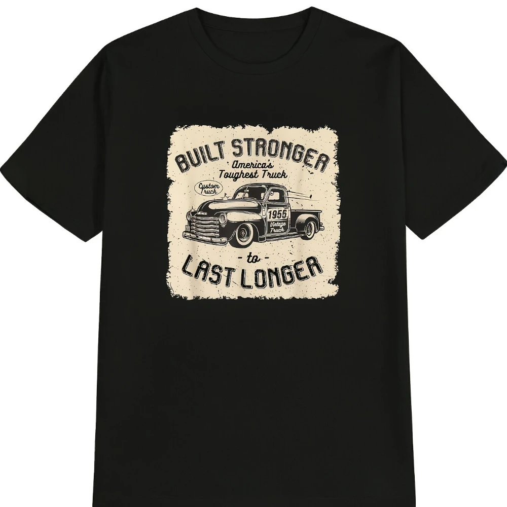Men's Vintage 1955 Truck Graphic T-Shirt Built Stronger Last Longer Design Black Cotton Casual Tee Men's T-shirts for Summer