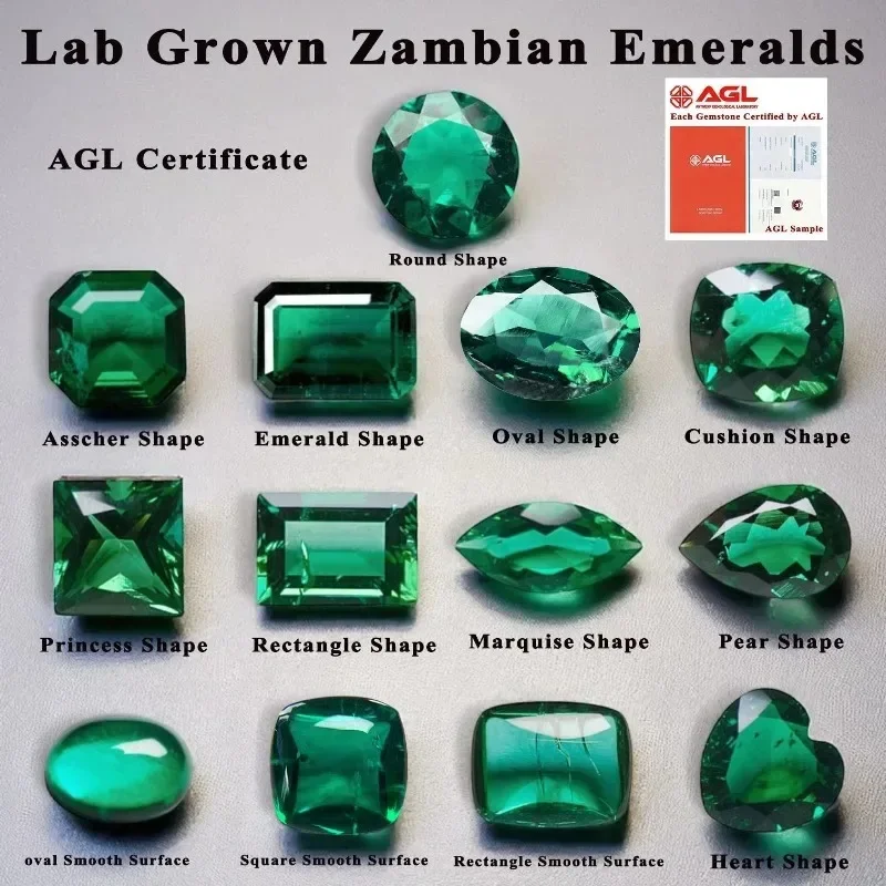 

Lab Grown Zambian Emeralds Hydrothermal Hand Cutting Multiple shapes with Cracks Inclusions Inside Selectable AGL Certificate