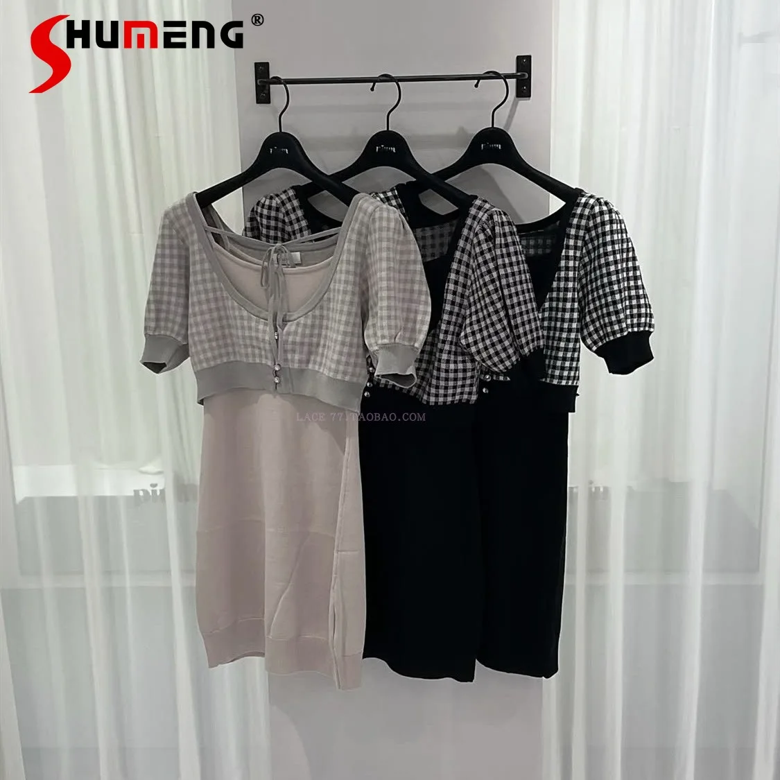 

Japanese Style Elegant Plaid Lace-up Puff Sleeve Short Cardigan Tops Sleeveless High Waist Slim Sling Dress Two-piece Sets Women