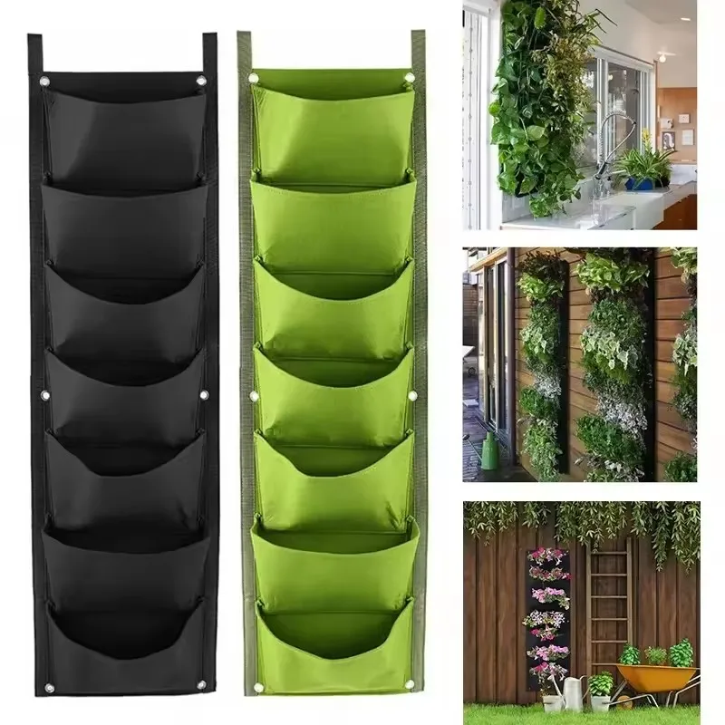 Sacos de plantio verticais com 7 bolsos, tecido de feltro, pendurado na parede, jardim interno e externo, vaso de flores, vegetais, recipientes de cultivo