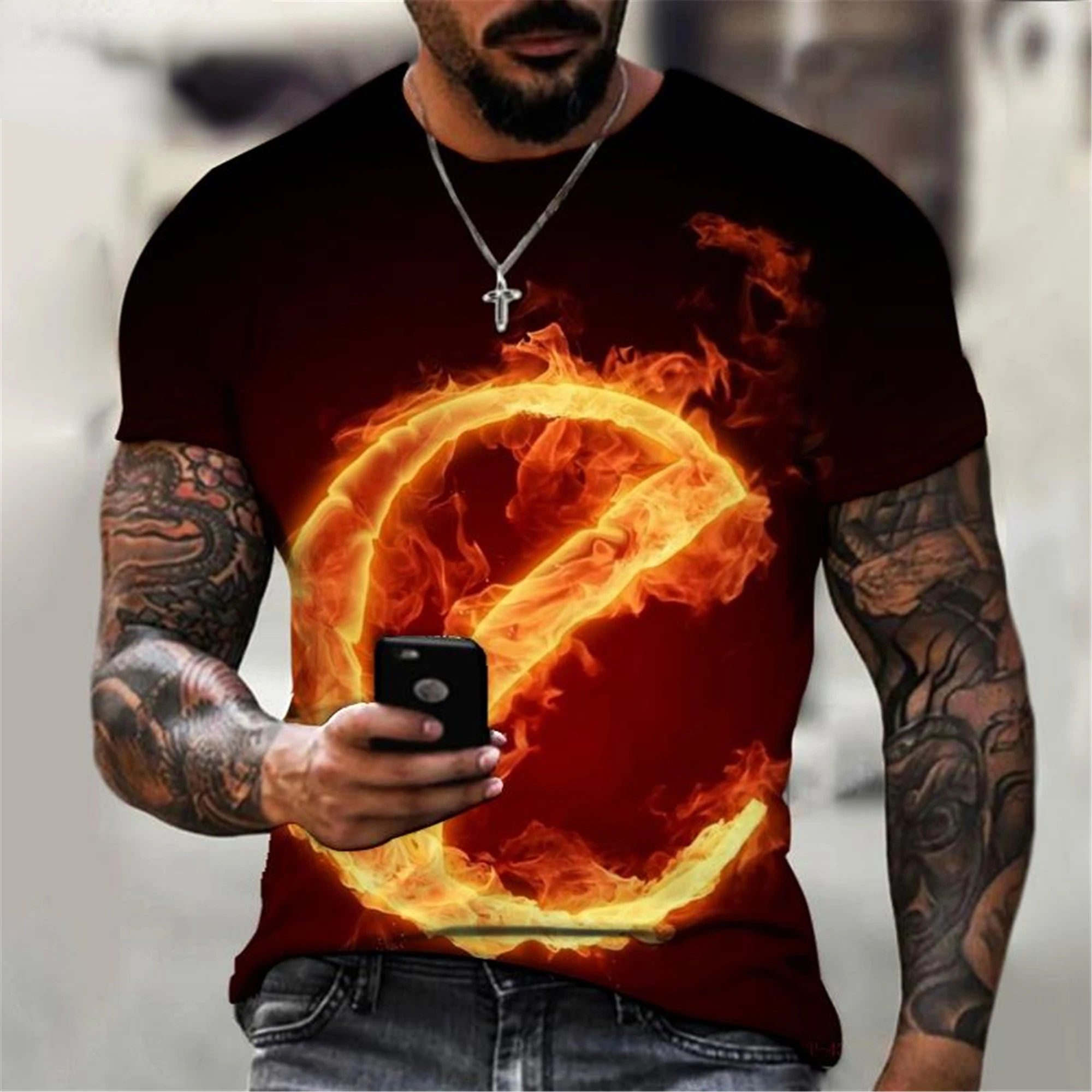 2022 New RUSSIA Fashion Men\'s Flame Z Letter Tee Shirt 3d Printing T Shirt Short Sleeve Tops