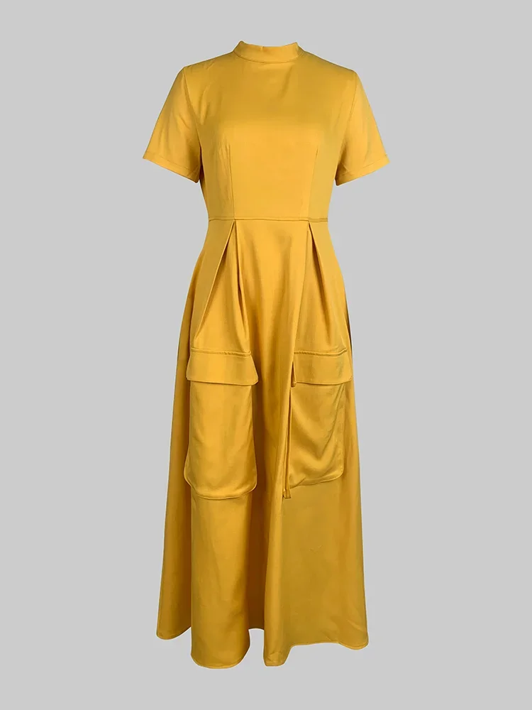 Vestido de verano plisado amarillo elegante para mujer, novedad de 20225, Vestidos femeninos con bolsillos a la moda, bata informal de cintura alta para mujer