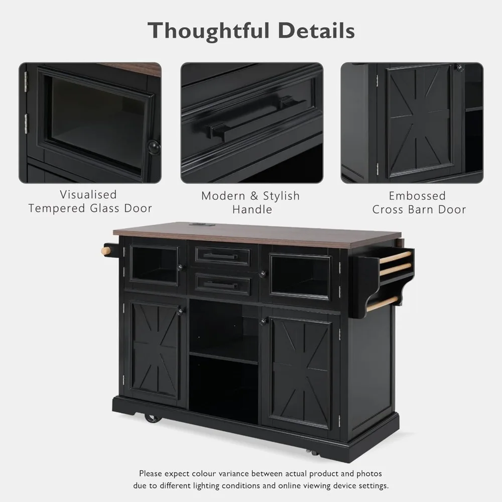 عربة جزيرة المطبخ المتدحرجة مع أوراق متدلية ومخرج طاقة وتخزين باب الحظيرة، بعرض 54.9 #6