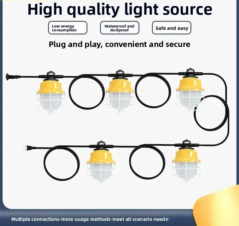 Yellow Industrial String Light Waterproof Outdoor Construction Temporary Lighting Work Lamp For Warehouse Site Safety