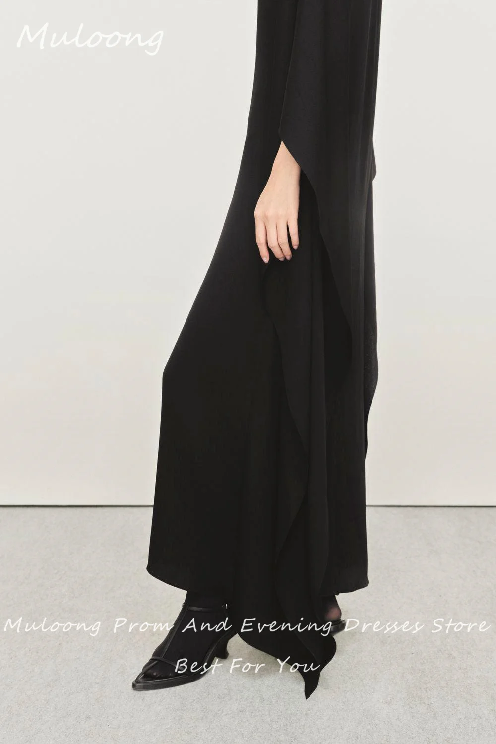 Muloong Black Straight Round Neck Silk Maxi Dress Formal Gown Cape Sleeves Floor Length High Split Evening Gown