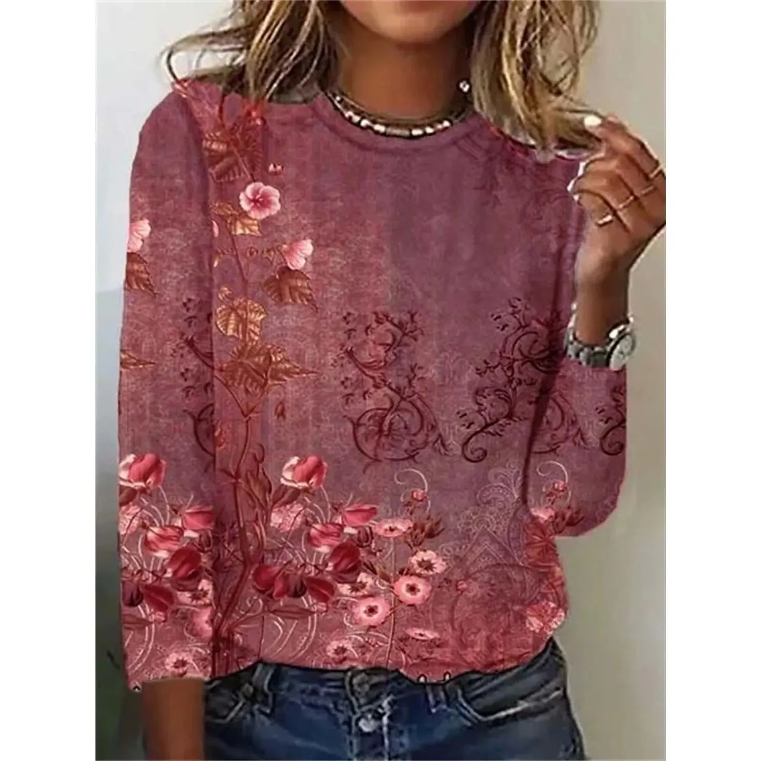 新作 レディース 花柄 3Dプリント Tシャツ ワンネック カジュアルトップス 秋コレクション 00% その他素材 レディース ファッション シルク トップス