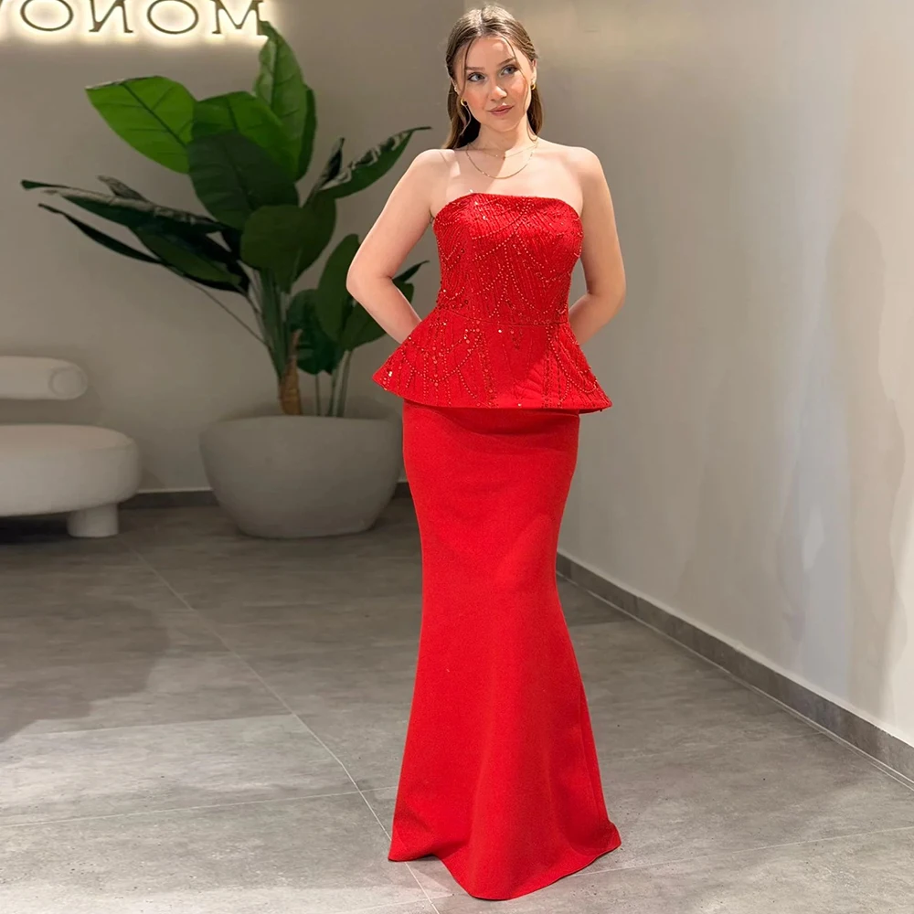 

Women Red Sequined Mermaid Evening Dress Charming Strapless Beading Sleeveless Jersey Formal Wedding Party Gown Vestido De festa