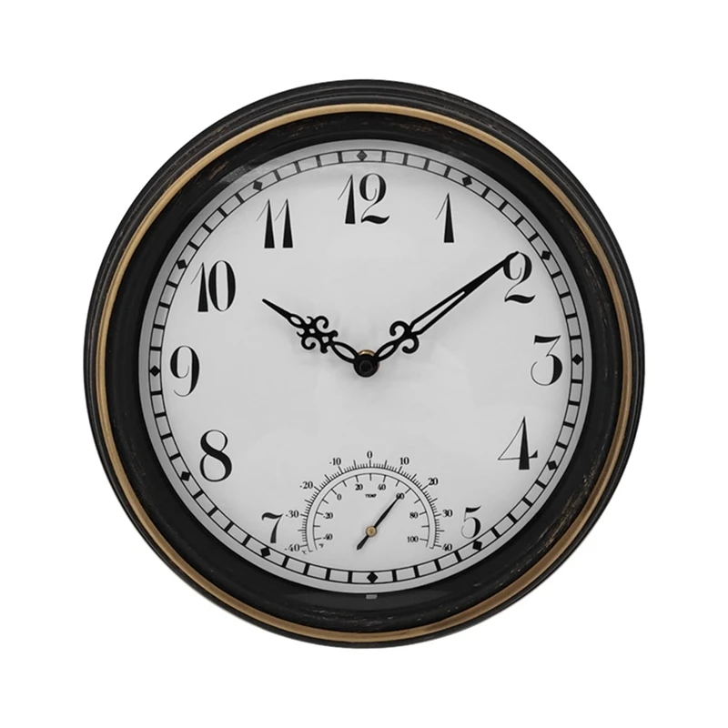 

New-Outdoor Waterproof Wall Clock With Thermometer IP44 Vintage Round Garden Decor Clock 12 Inch Outdoor Clock
