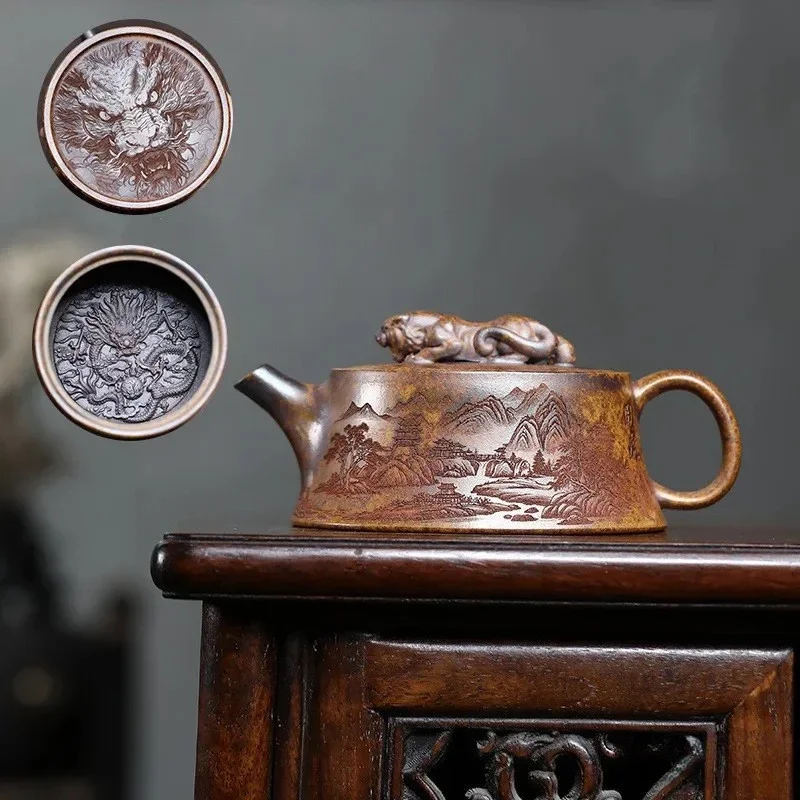 Chinese Yixing Handmade Purple Clay Teapot Creative Household Tea Pot Hand-carved Dragon Tiger Kettle Zisha Tea Set Gifts 220ml