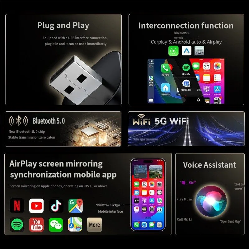 Car interconnection conversion box wirelCarplay Android Auto screen projection mutual control Apple mirror video adapter