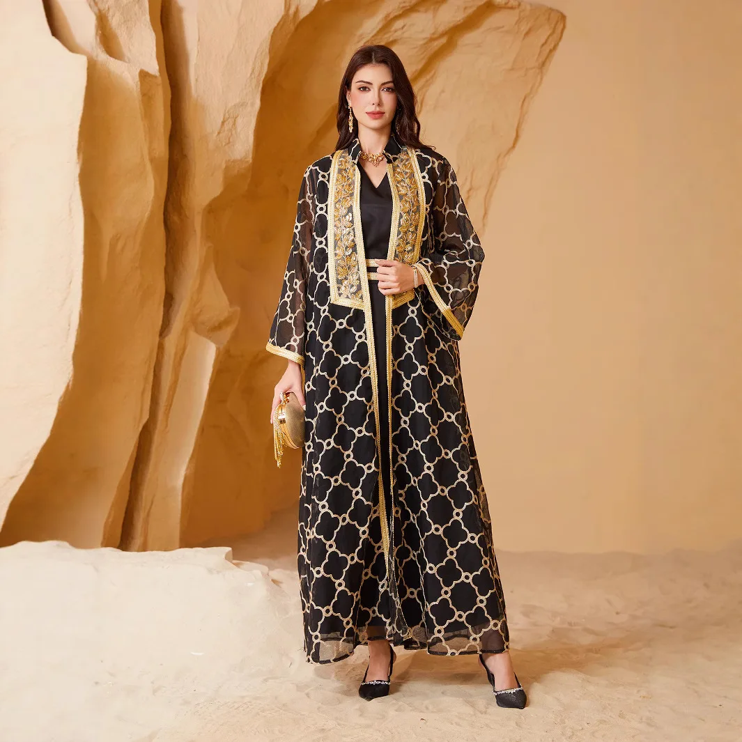 

Mesh Embroidery Splicing Gold Webbing Muslim Two-piece Set Ladies Party Performance Dress Up Accessories Set