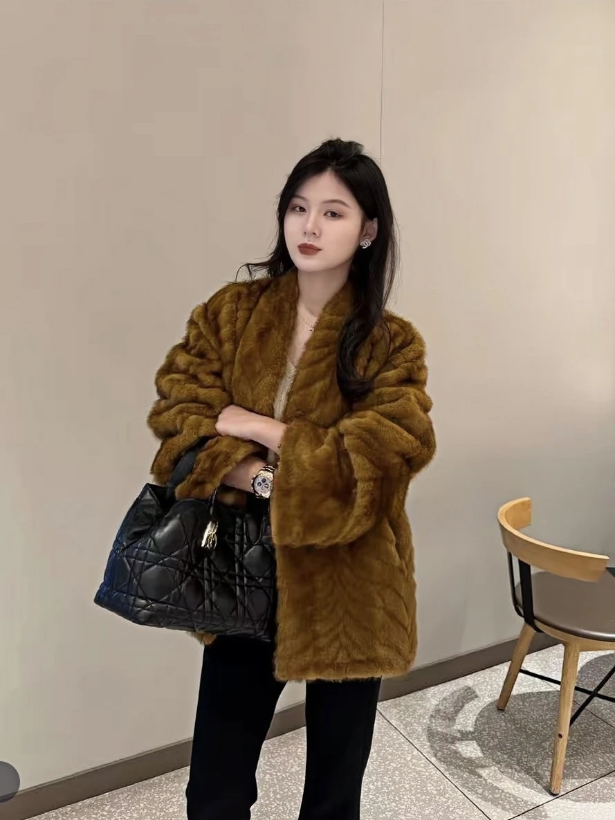 Eco-friendly ouro le casaco de pele de vison solto casual sle calor acolchoado padrão alegre efeito de emagrecimento inverno outerwear