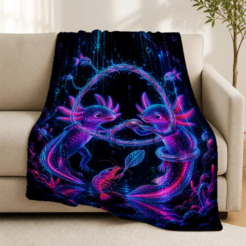 Mystical Neon Glow Deep Sea Fantasy Throw Blanket for Sofa Couch Decor Bioluminescent Dragon Ocean Pattern Cozy Fleece Knit Thro