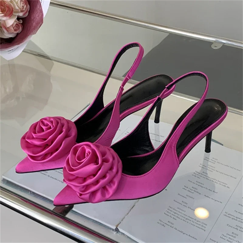 Eilyken Satin Slingback Women Pumps Sexy Design Flowers Pointed Toe Thin High Heels Banquet Wedding Mule Ladies Shoes