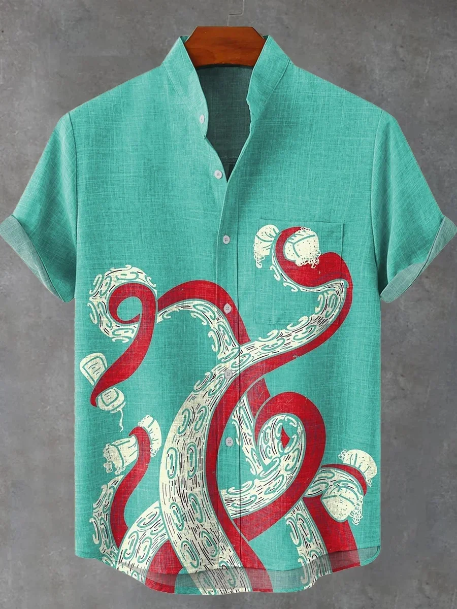 

2025 New men's linen short-sleeved shirt, a best-selling style with comfortable fabric, 3D artistic printed ocean pattern