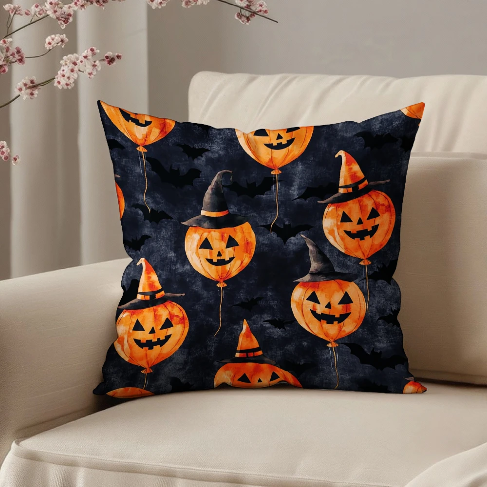 Halloween Decorative Pillow Cover Dark Blue Pumpkin With Witch Hat And Bat Print For Living Room Sofa Bedroom Home Decoration