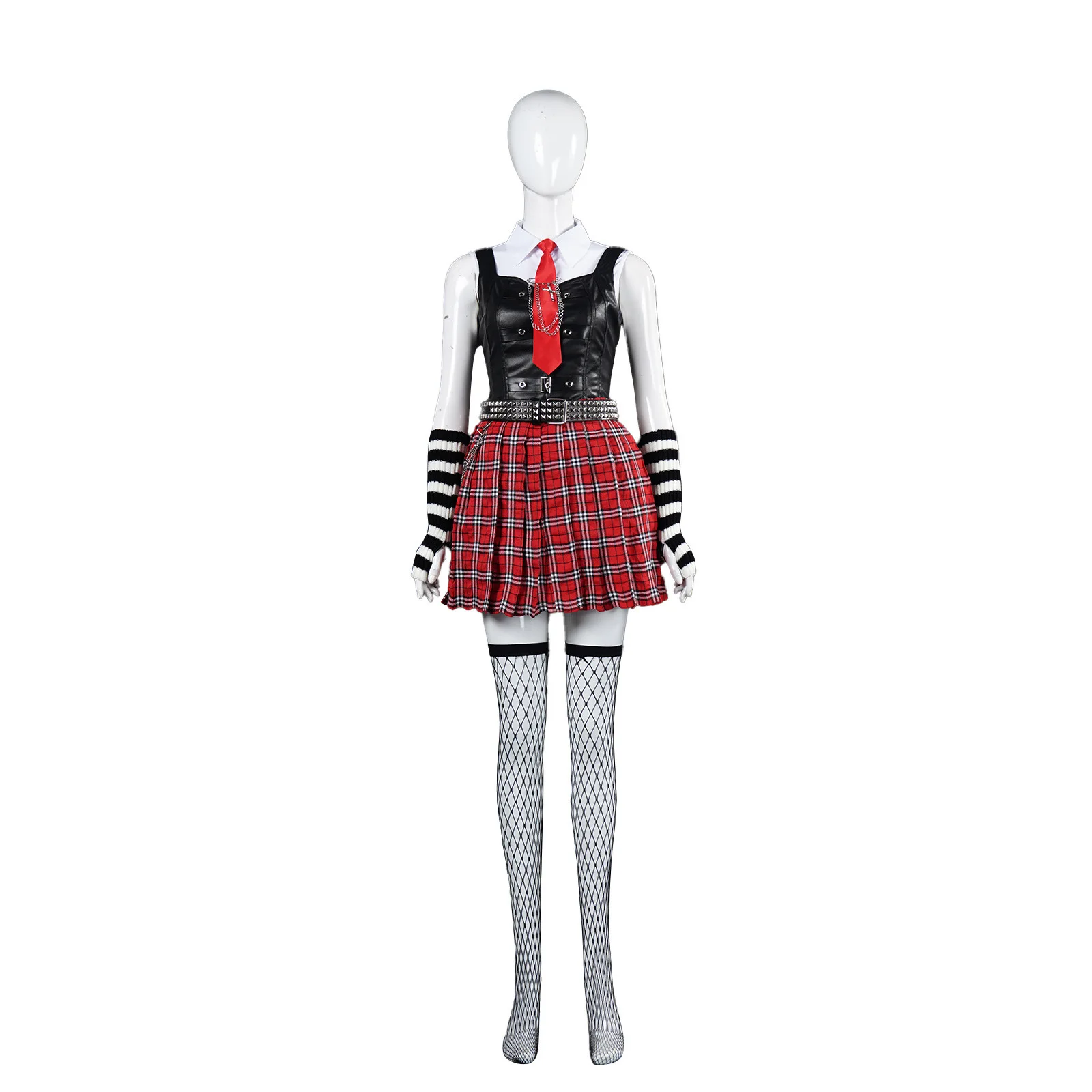 

Women Vintage Gothic Dress MisaMisa Cosplay Costume Shirt Vest Set with Red Plaid Skirt Waist Chain Belt Stocking for Halloween