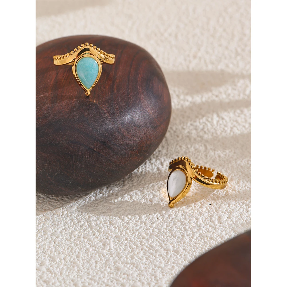 Yhpup Blue White Natural Stone Shell Amazonite France Adjustable Open Ring Stainless Steel Charm Daily Fashion Jewelry Gift