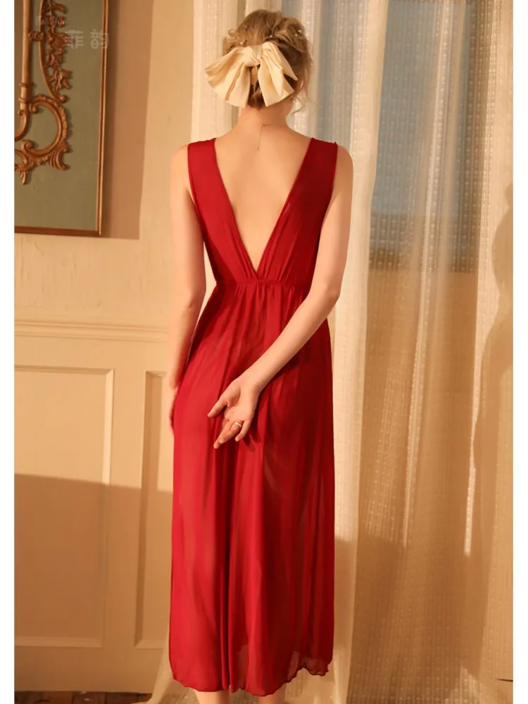 Long Night Dress Women Lace Perspective Gowns Vintage Nightgown Elegant Low-cut Nightdress Sleeveless Sleep Night Wear Woman