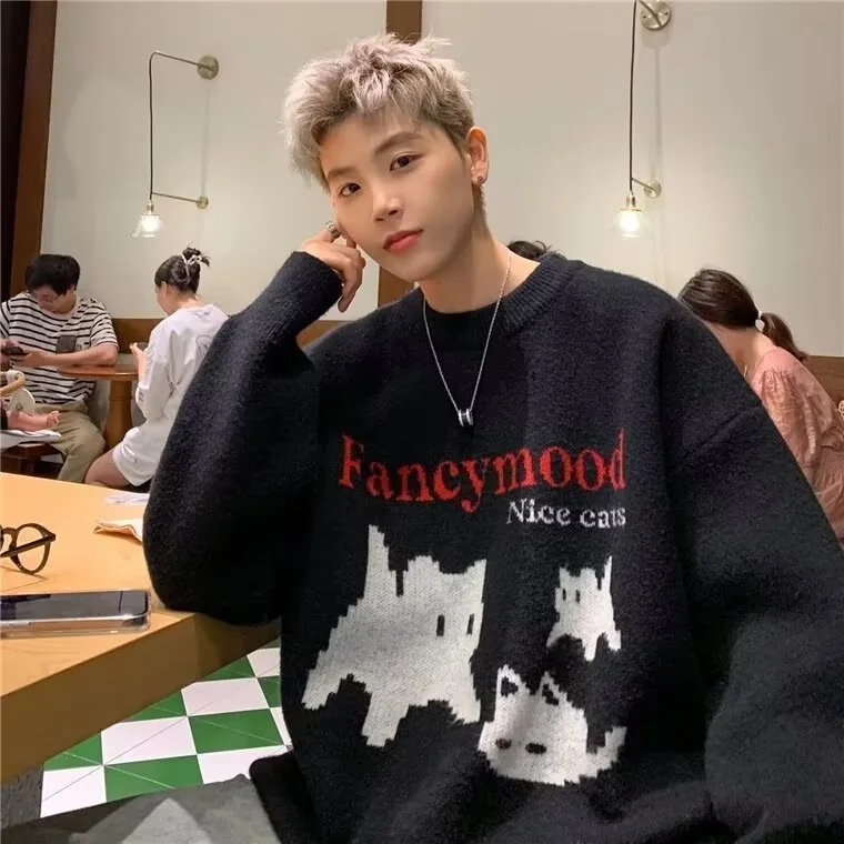 

Loose Men's Sweater Lazy Sle Boting Knitted irt American Retro Thiened Long Sve round Ne Polyester Fiber