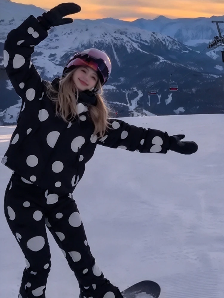 Women 2 Piece Polka Dot Ski Suit Waterproof Windproof Hooded Snow Jacket Snow Pants Insulated Snowboard Outdoor Sports Outfit