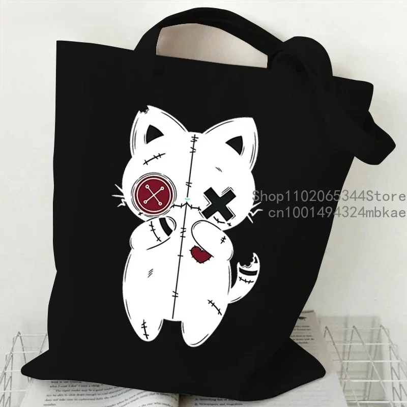 Gothic Horror Cat Pattern Canvas Tote Bag Women Men Reusable Shopper Bag Harajuku Fashion Hip Hop Animal Kitten Shoulder Handbag