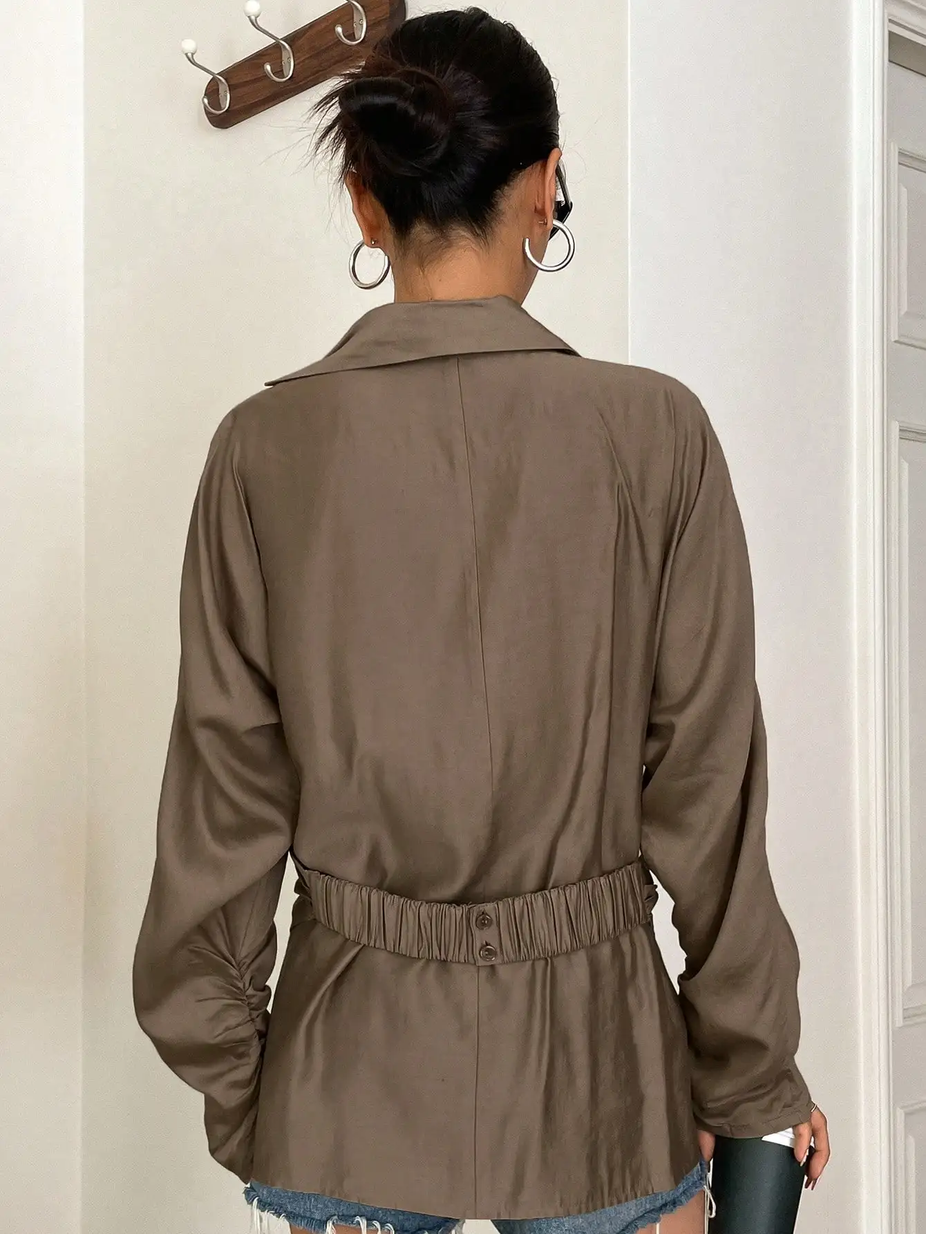 

JHJN новая женская рубашка, однотонные рубашки с длинными рукавами, плиссированные топы, блузки с неровным подолом, блузка с отложным воротником, женская верхняя рубашка