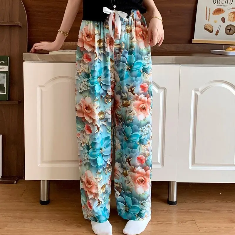 Women' Summer Lounge Trousers Casual Loose Cotton and Silk Pants Thin High-end 3D Three-dimensional Artificial Cotton Home Pants