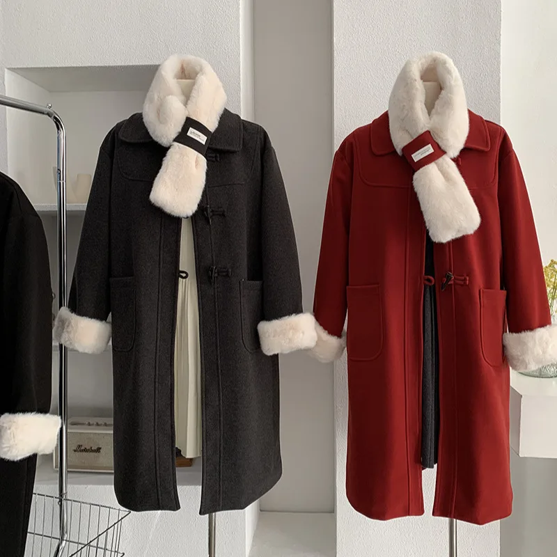 

Red Woolen Coat Women's Winter New Sle Super Beautiful Mid-Length Cotton Sandwich Thiened Ne Warmer Button Coat
