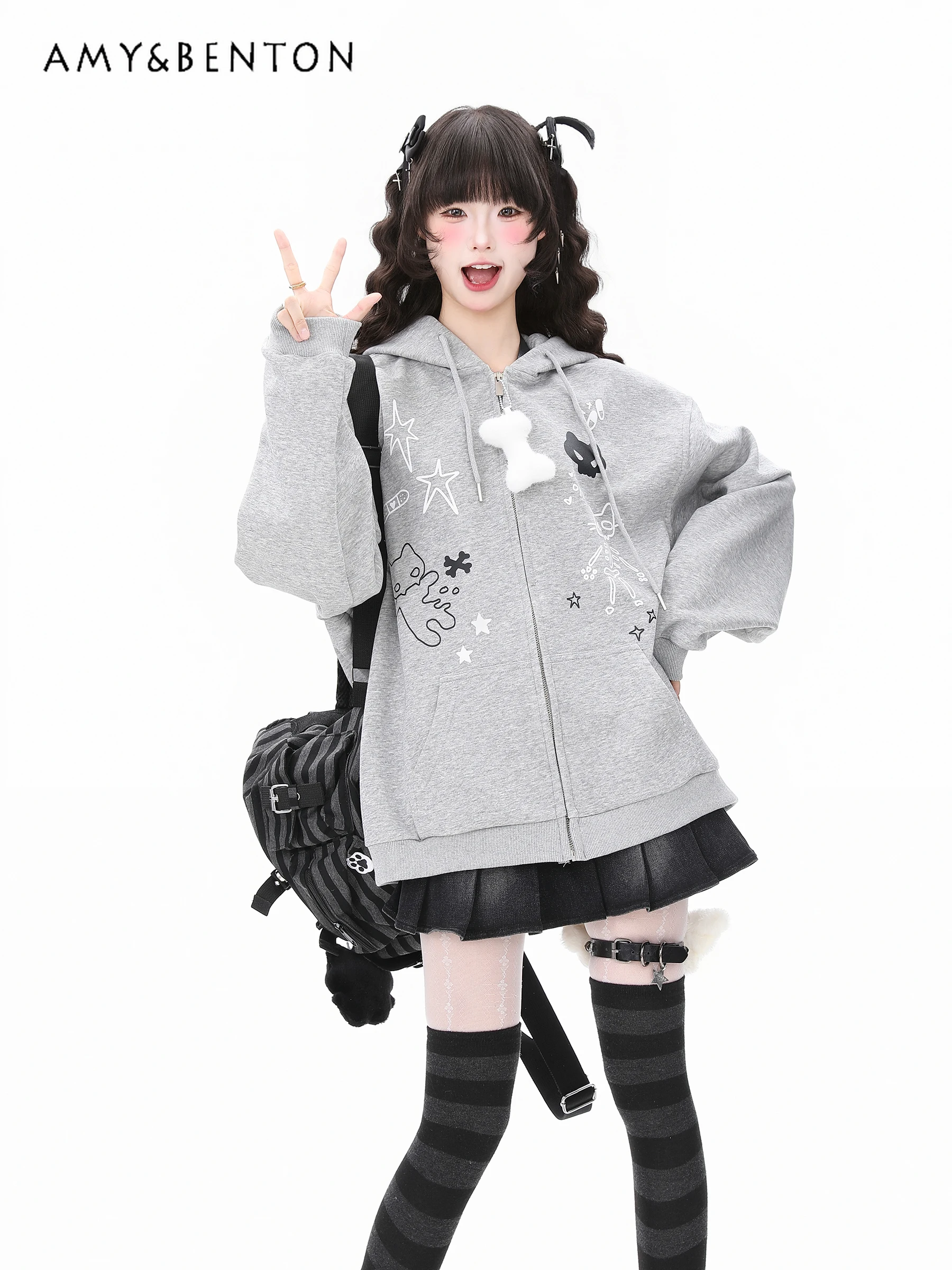 2025 Spring and Autumn New Japanese Style Cute Gray and Black Cat Print Loose Casual Hooded Sweatshirt Cardigan Jacket