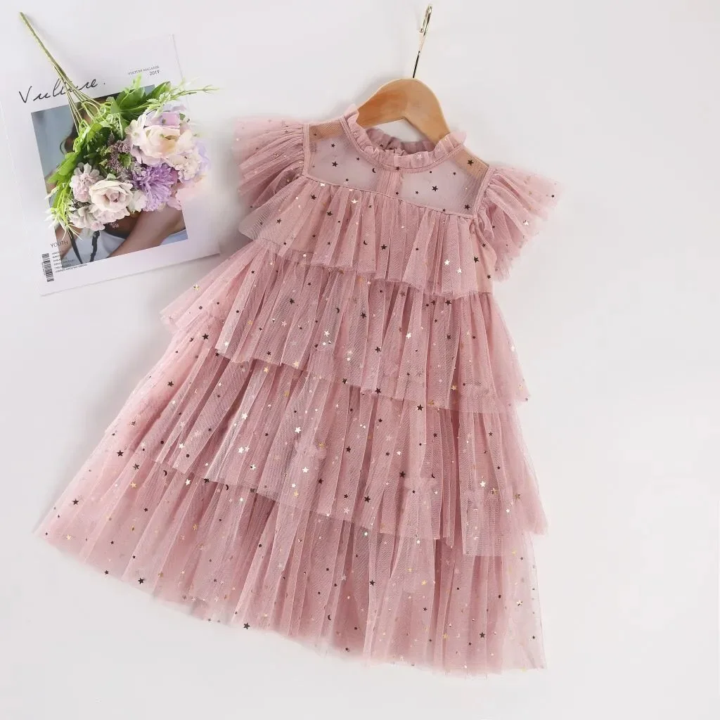 Girls' Mesh Dress 2026 Summer New Children's Cake Princess Mesh Dress with Stars and Sequins Stylish Party Dress