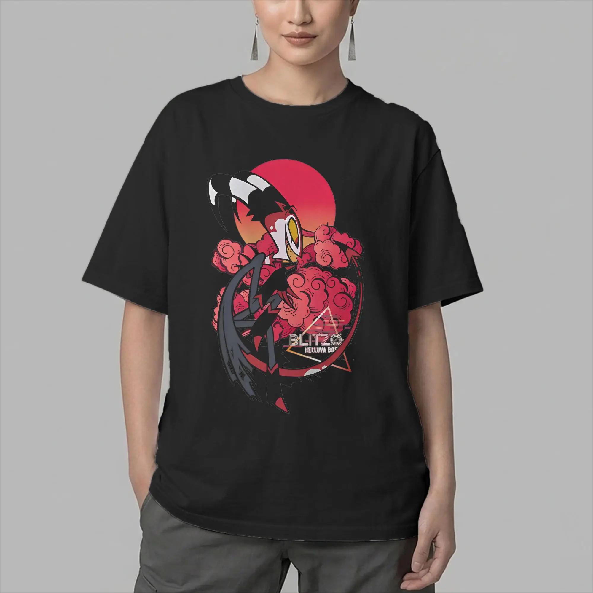 Helluva-Boss Retro Blitzo T Shirts for Men Pure Cotton Novelty T-Shirts Round Neck  Tees Short Sleeve Clothing Printed