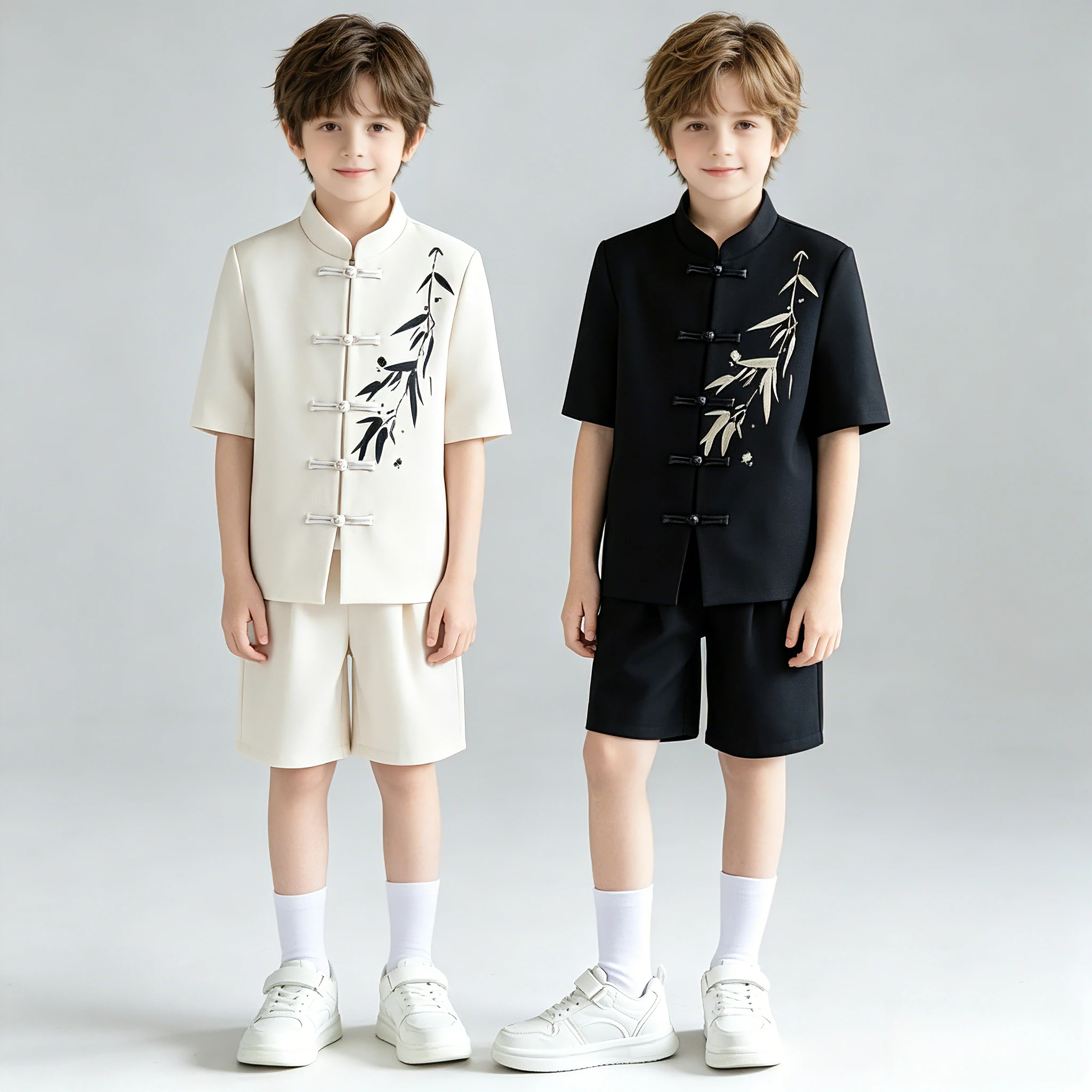 Boys New Chinese Style Bamboo Print Tang Suit Set for Kids Wedding Spring Festival Birthday Party Holiday Performance Costume