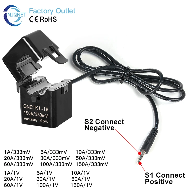 Split Core CT Current Transformer Factory QNCTK1-16 100A 333mV 60A 50A 1V 30A 20A 5A 1A 0.333V 100A/50mA Clamp ct Current Sensor