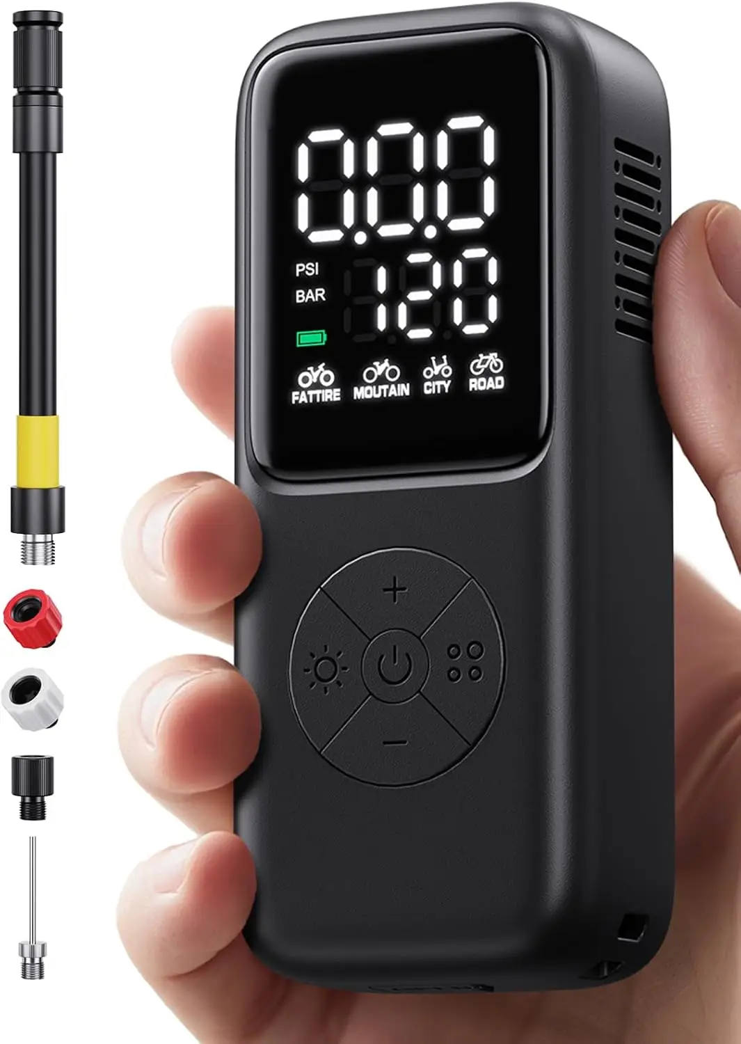 

Mini Electric Bike Pump 120 PSI with Gauge, Auto Stop, Presta/Schrader, Portable Bicycle Tire Pump for Road, Mountain, E-Bike