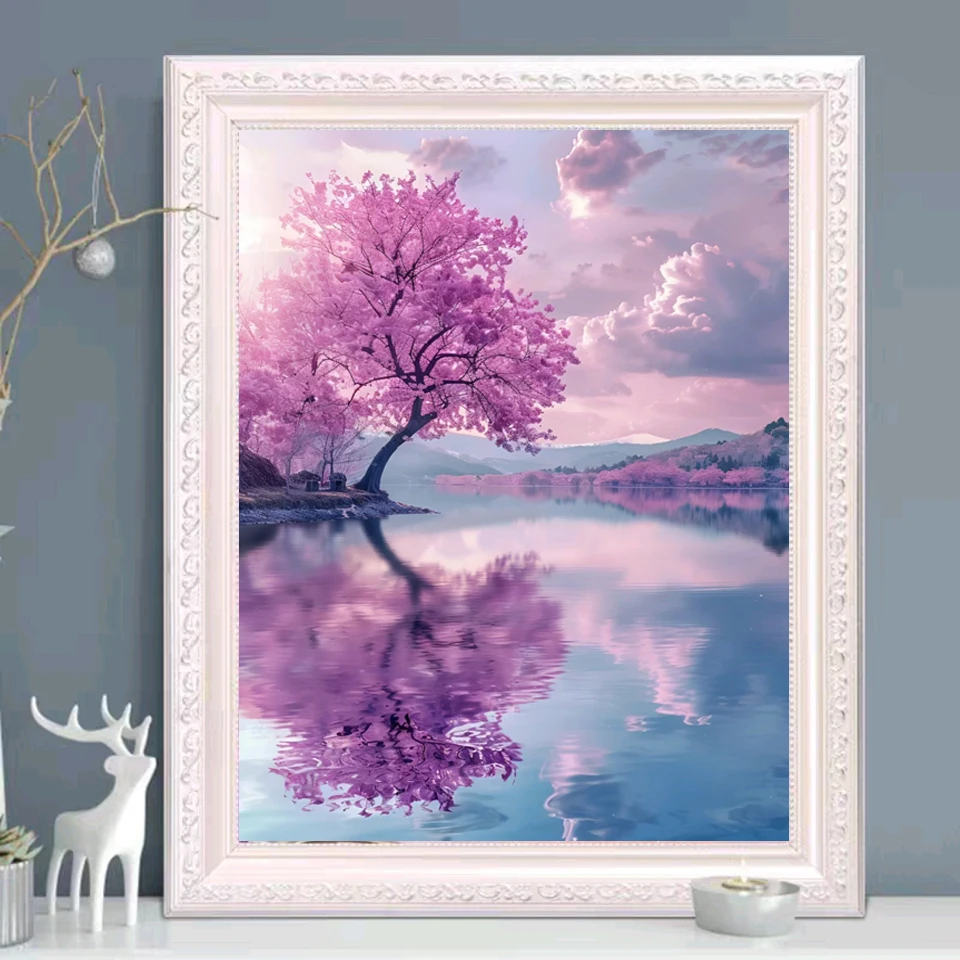 Pittura diamante paesaggio rosa fiore di ciliegio lago pieno quadrato diamante rotondo mosaico 5d embrodiery fai da te per la decorazione domestica