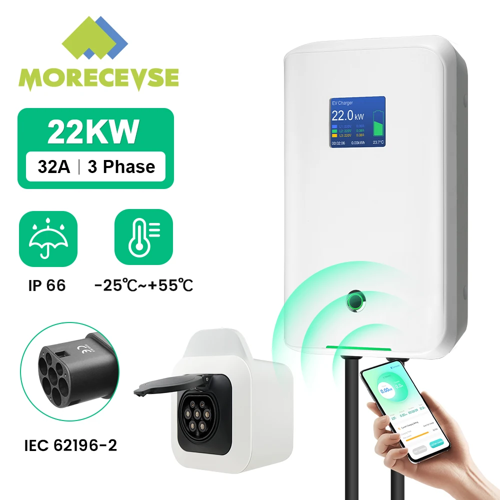 Morseats-Station de Recharge pour Véhicule Électrique EVSE EV, Boîtier Mural, 22kW, 32A, 3 Phases, 380V, Type 2, avec Prise IEC 62196-2