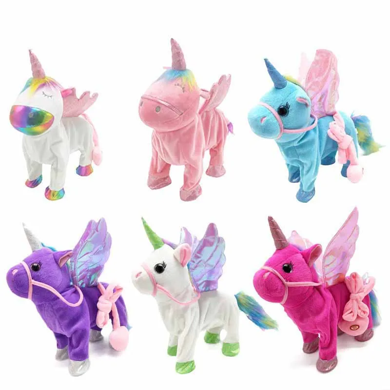 Kids Electric Plush Stuffed Toy Cartoon Cute Dazzle Color With Wings Unicorn Pull String Walking Electric Toys Baby Toddler Toys