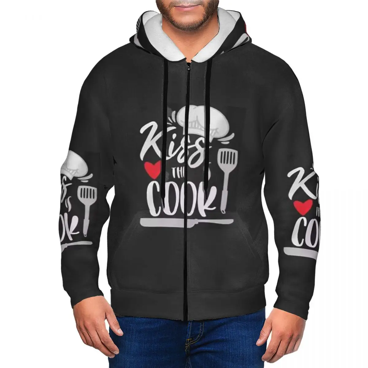 Kiss The Cook Funny Zipper Hoodie Hip Hop Pullover Autumn Winter Men's Women's Sweatshirts Long Sleeve Tops