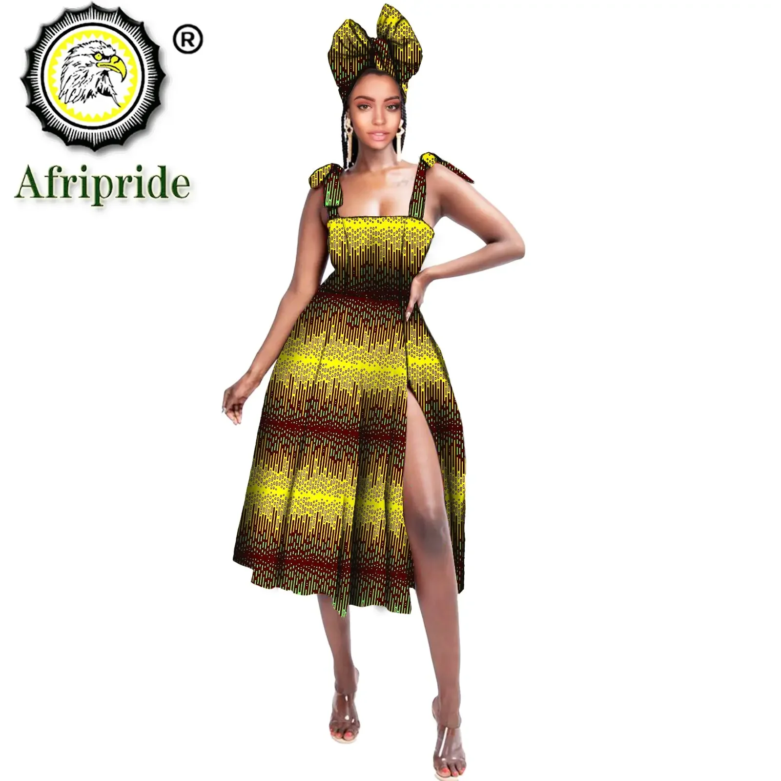 

Party African Dresses for Women Dashiki Elegant Bazin Riche Dresses Match Print Headscarf Sleeveless African Clothing S2125015