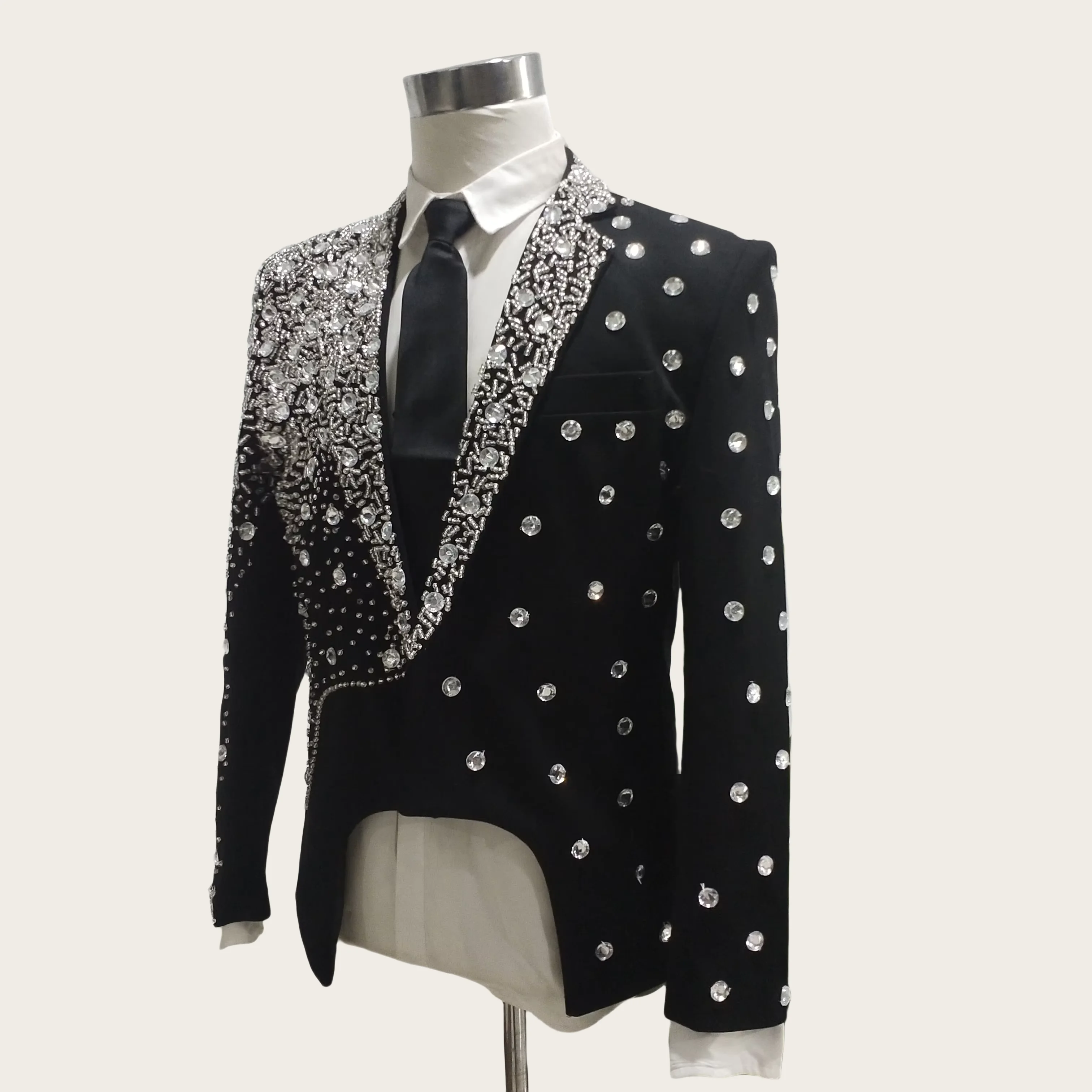 Pure Handmade High Quality Men's Black Rhinestone Suit Jacket Black Slim Sewn Drilling Blazer Male Singer Stage Wear Host Dress