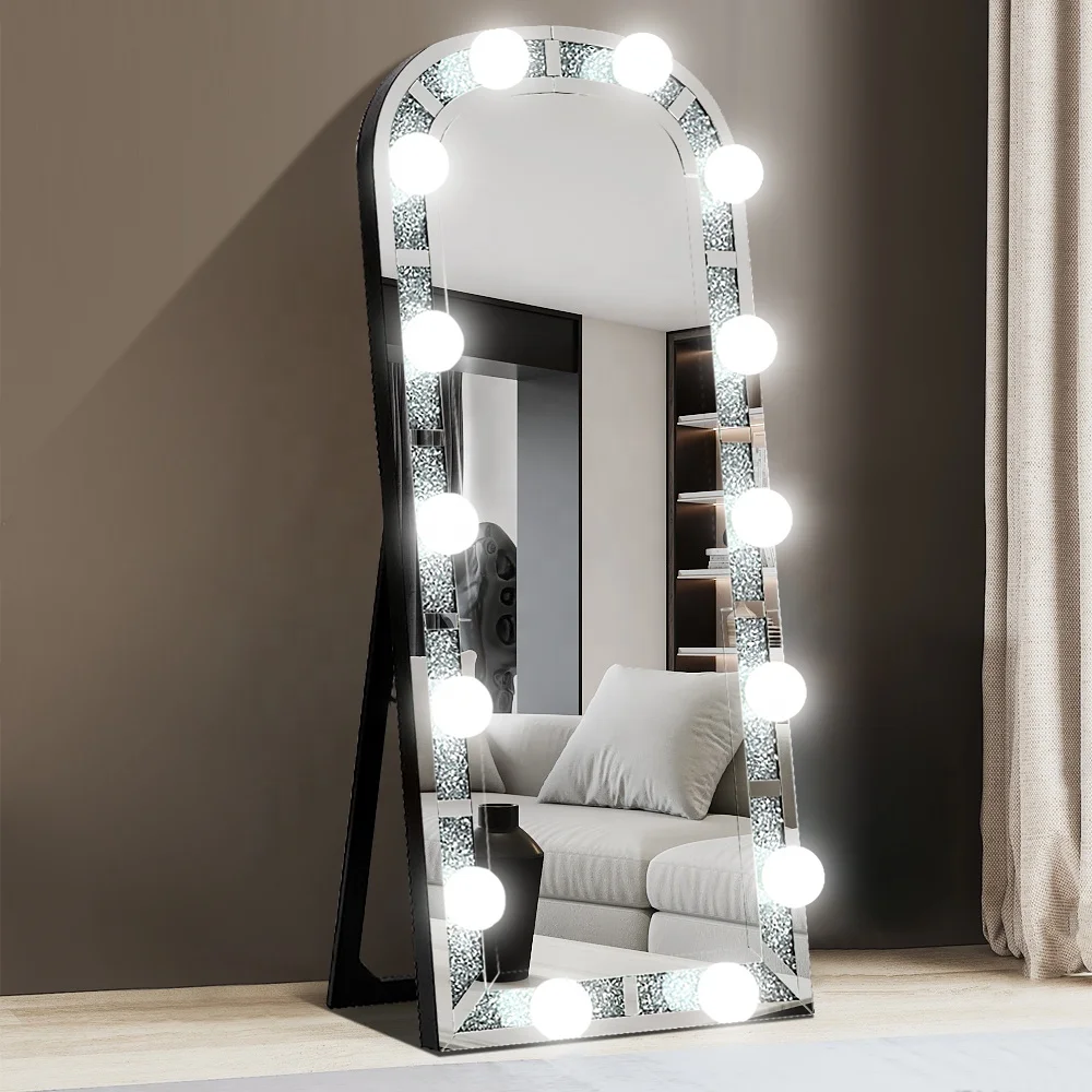 Crushed Diamond Hollywood LED Full Length Mirror Fitting Dressing Floor Mirror  Standing Mirror for Bedroom Furniture Espejo