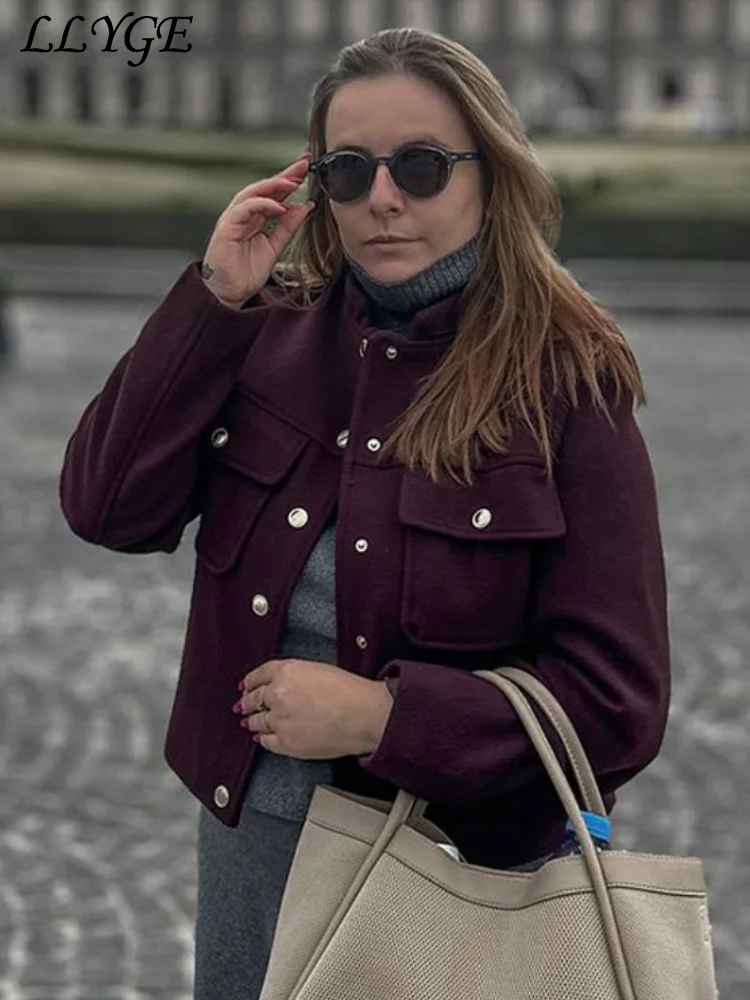 Elegant Short Wine Red Jacket Women British Style Stand Collar Single Breasted Pocket Coat 2024 Autumn Lady Office Chic Outwear