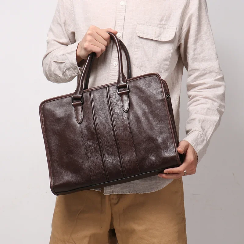 Étui à bombes en cuir véritable pour hommes, sac de grande capacité lancé pour les affaires avec compartiment pour ordinateur portable